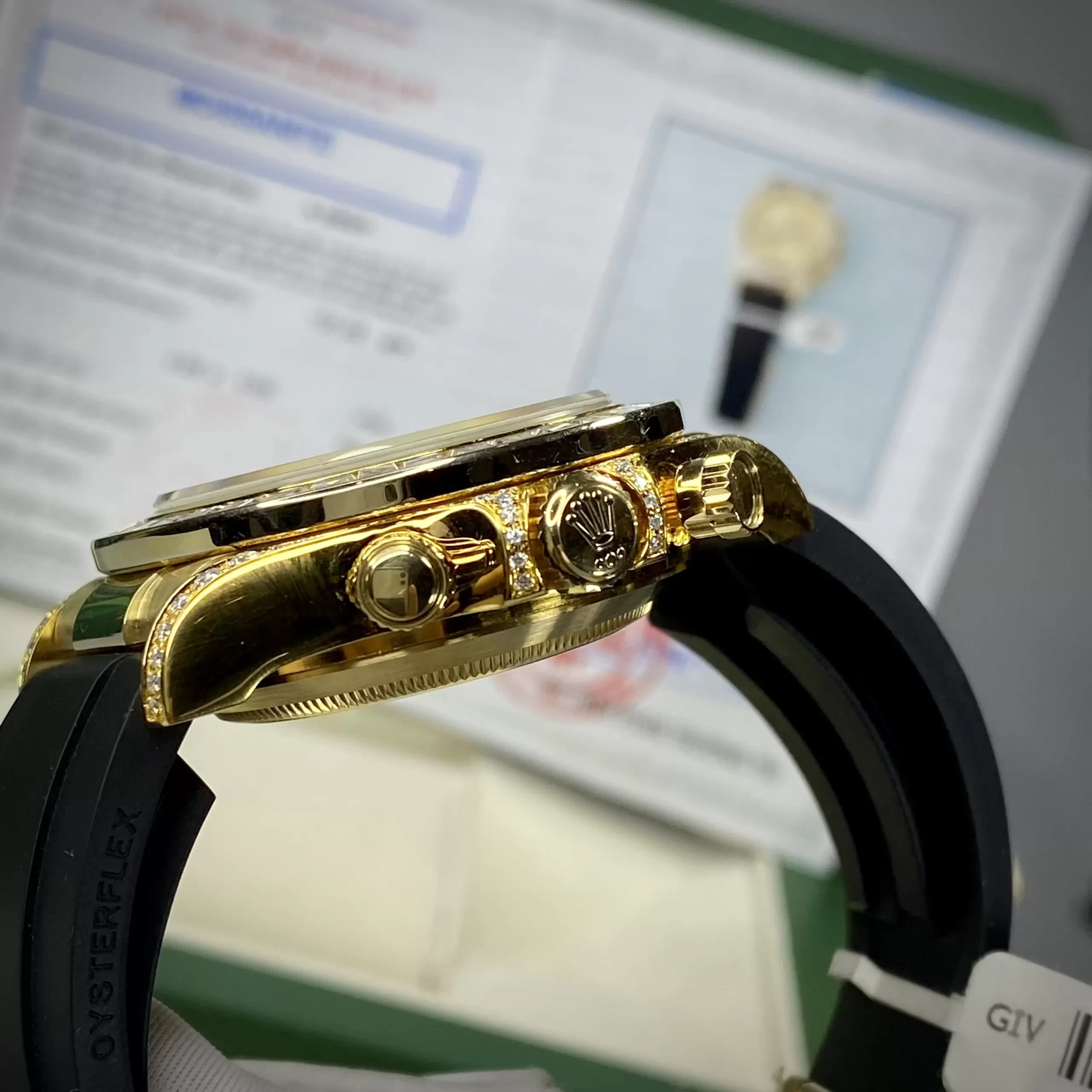 Đồng Hồ Rolex Like Auth 1:1 Cosmograph Daytona 116518LN Mặt Số Vàng Champagne, Vành Kim Cương Baguette - Ảnh 6