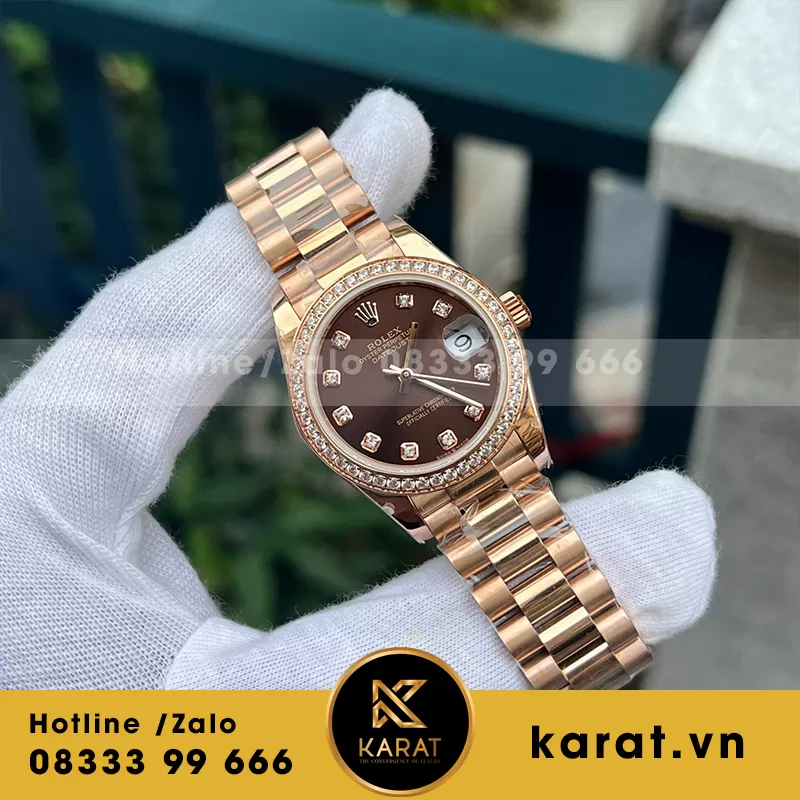 Đồng hồ nữ rolex datejust 31 vàng hồng viền đá - Ảnh 3
