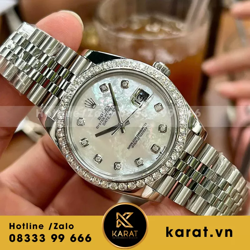 Rolex datejust độ mặt MOP viền moissanite 41mm - Ảnh 3