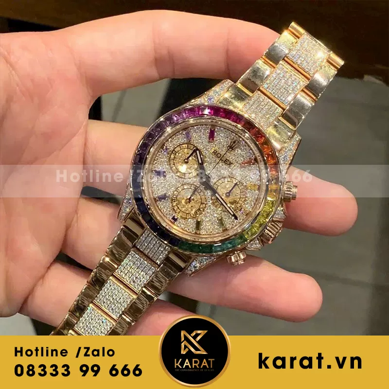 Rolex daytona rainbow full đá cz replica - Ảnh 5