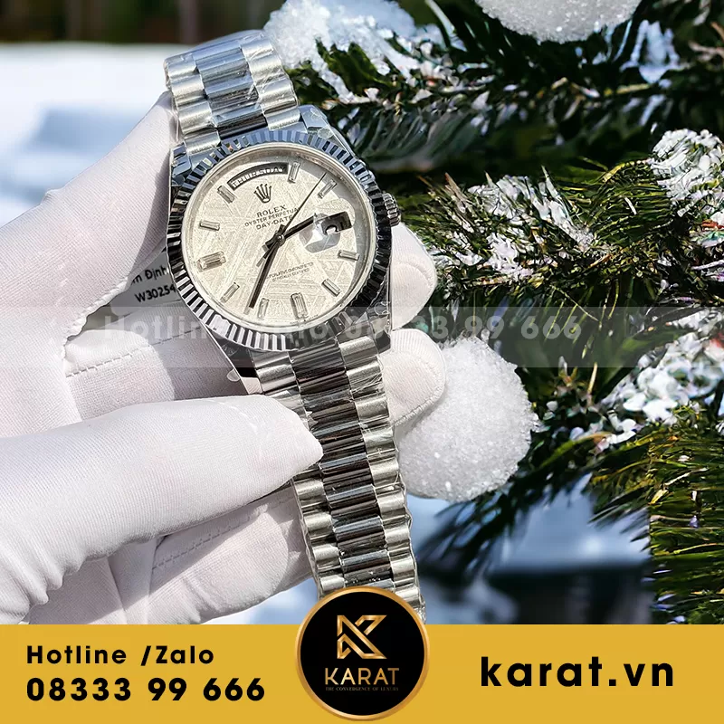 Đồng hồ daydate độ mặt tinh chỉnh cọc số moissanite baguette - Ảnh 4