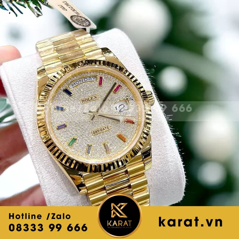 Đồng hồ rolex daydate nặng 167g bọc vàng độ mặt kim moissanite yellow gold - Ảnh 4