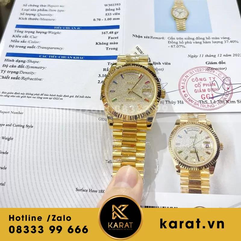 Đồng hồ rolex daydate nặng 167g bọc vàng độ mặt kim moissanite yellow gold - Ảnh 3