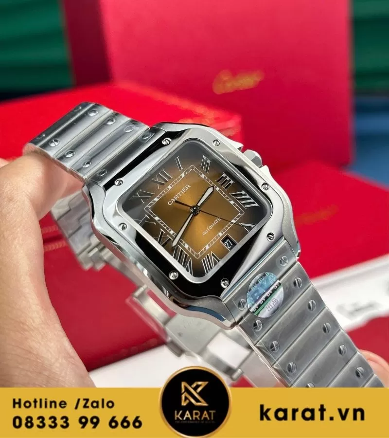 Đồng hồ Cartier Santos de Cartier new 2024 mặt số nâu chải tia sunray - Ảnh 9