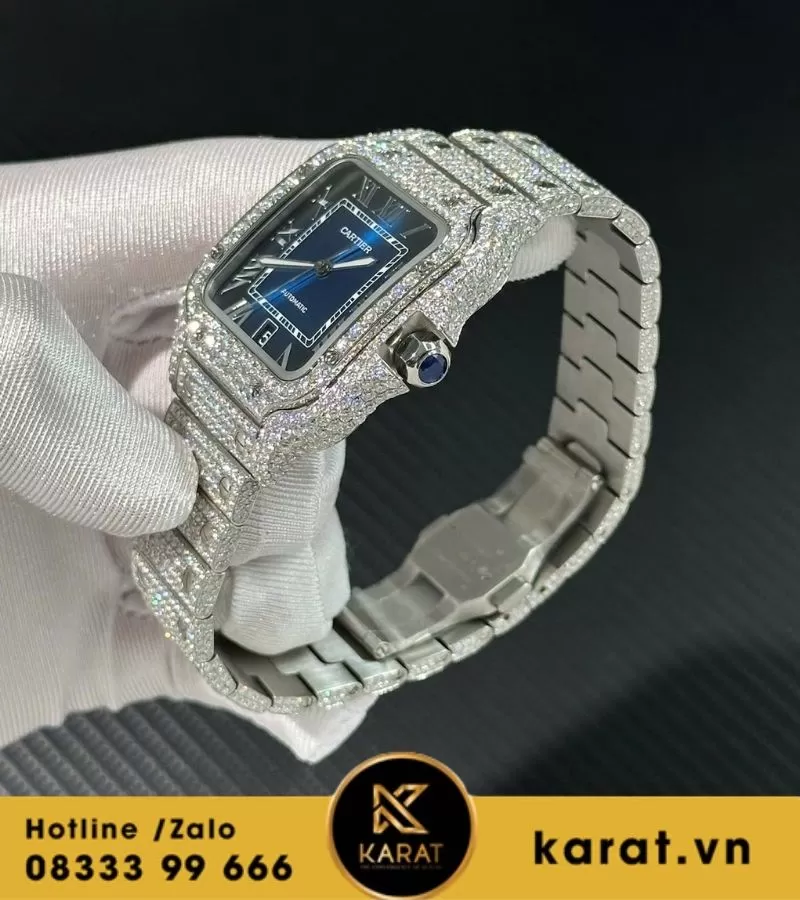 Đồng hồ Cartier Santos mặt xanh dương độ moissanite 39.8mm - Ảnh 9
