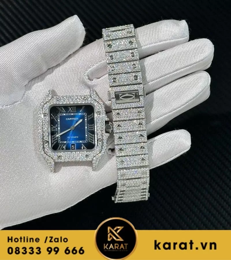 Đồng hồ Cartier Santos mặt xanh dương độ moissanite 39.8mm - Ảnh 8