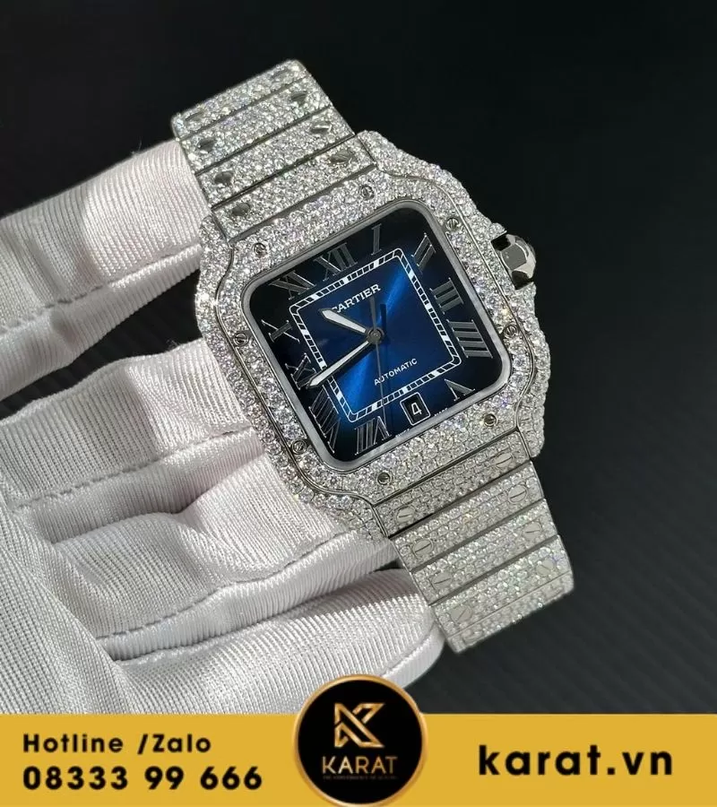 Đồng hồ Cartier Santos mặt xanh dương độ moissanite 39.8mm - Ảnh 6