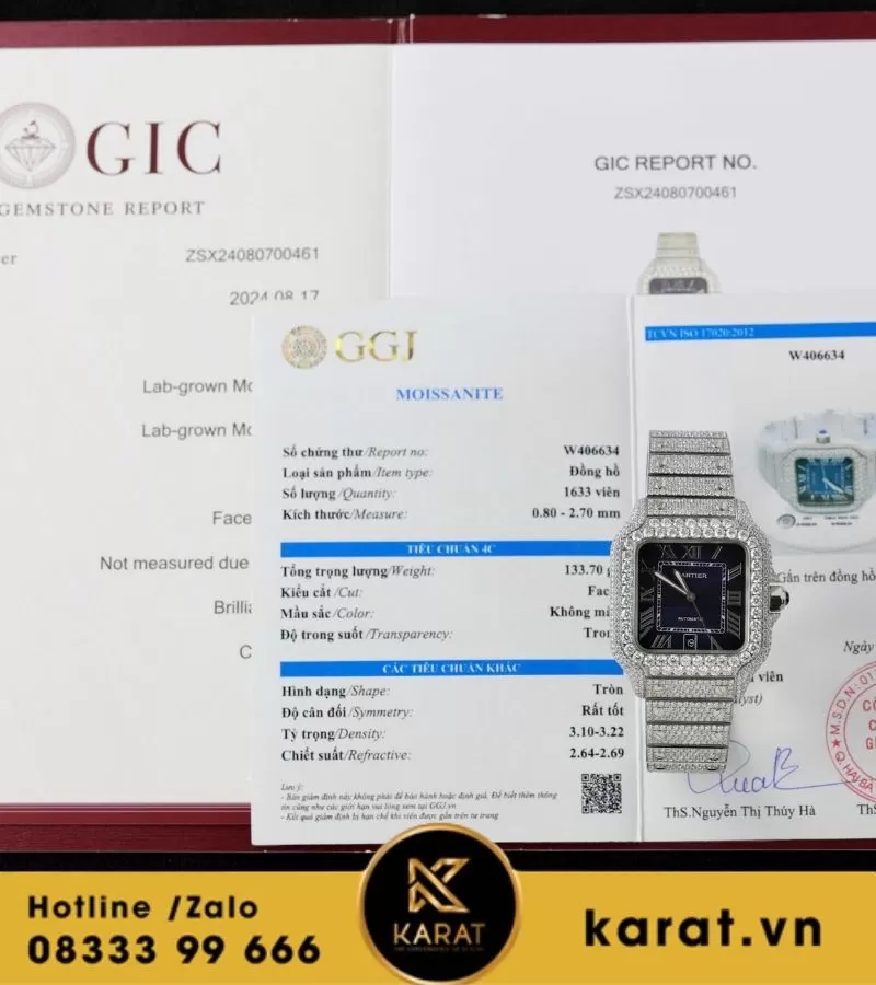 Đồng hồ Cartier Santos mặt xanh dương độ moissanite 39.8mm - Ảnh 4