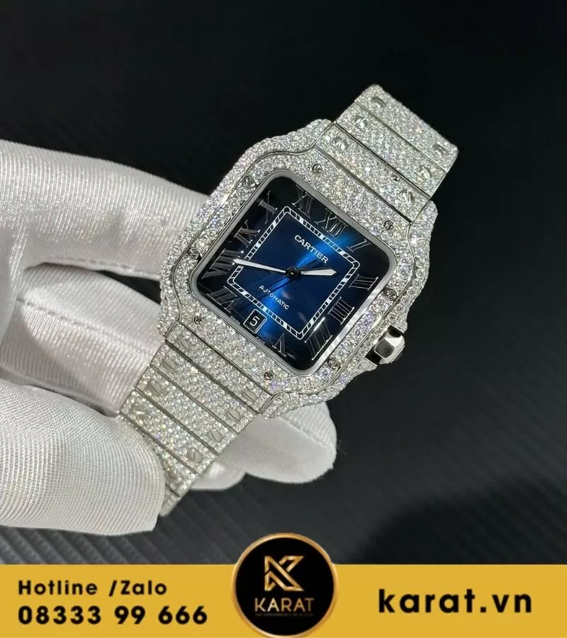 Đồng hồ Cartier Santos mặt xanh dương độ moissanite 39.8mm - Ảnh 3