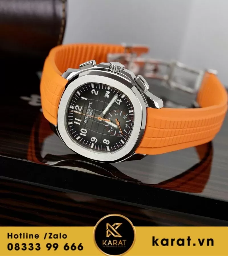 Đồng hồ PATEK PHILIPPE AQUANAUT CHRONOGRAPH 5968A-001 mặt đen dây cam replica - Ảnh 12