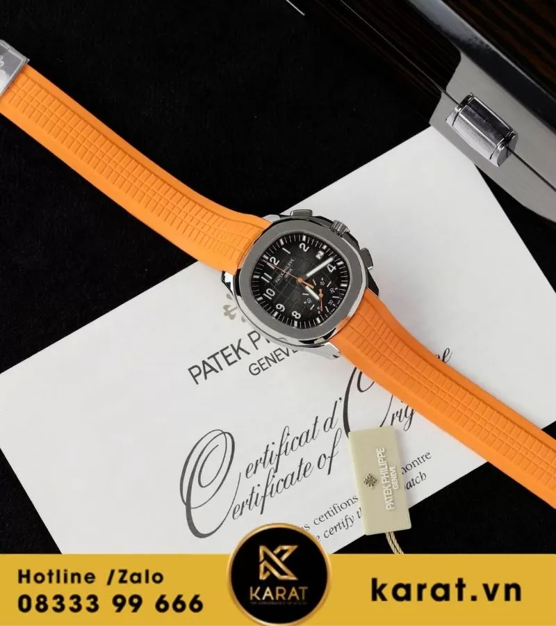 Đồng hồ PATEK PHILIPPE AQUANAUT CHRONOGRAPH 5968A-001 mặt đen dây cam replica - Ảnh 10
