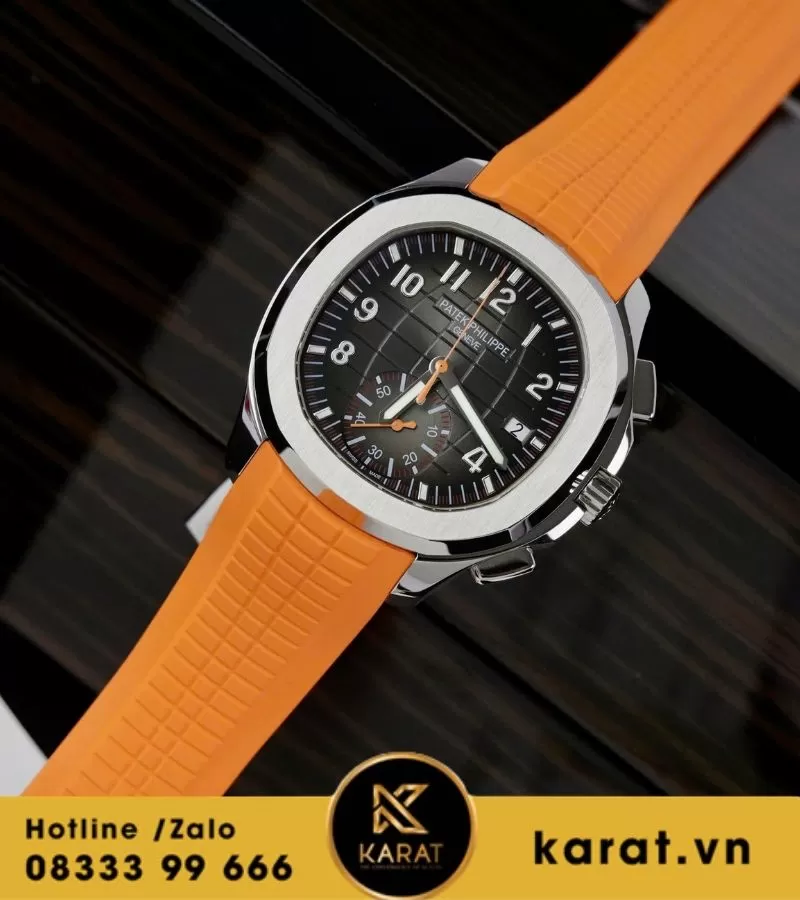 Đồng hồ PATEK PHILIPPE AQUANAUT CHRONOGRAPH 5968A-001 mặt đen dây cam replica - Ảnh 7
