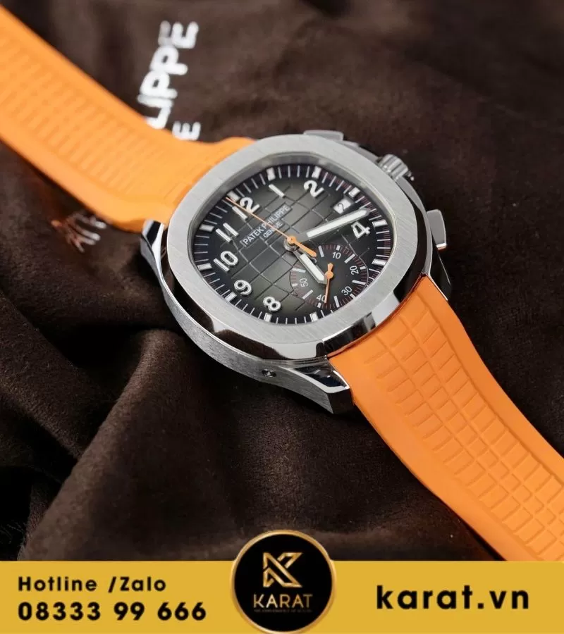 Đồng hồ PATEK PHILIPPE AQUANAUT CHRONOGRAPH 5968A-001 mặt đen dây cam replica - Ảnh 6