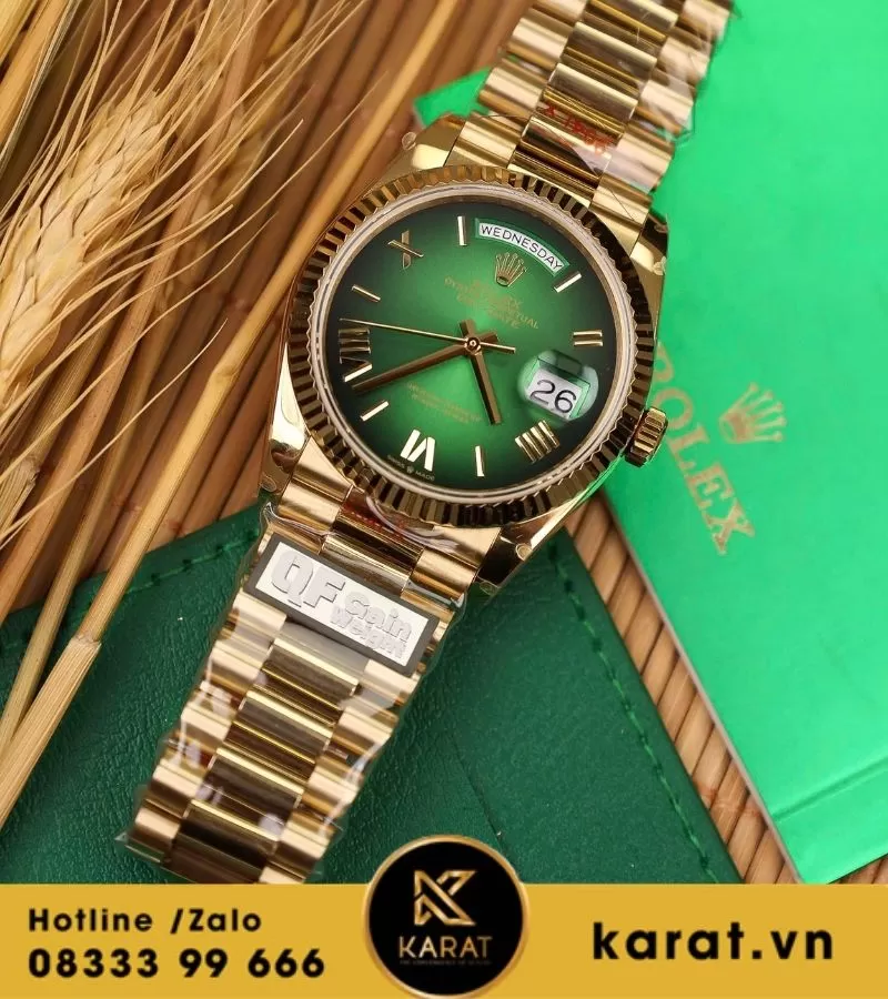 Đồng hồ Rolex Day-Date 36mm vàng hồng mặt xanh green bản nặng 158g QF factory fake - Ảnh 9