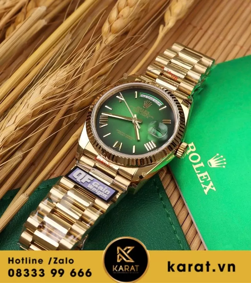 Đồng hồ Rolex Day-Date 36mm vàng hồng mặt xanh green bản nặng 158g QF factory fake - Ảnh 4