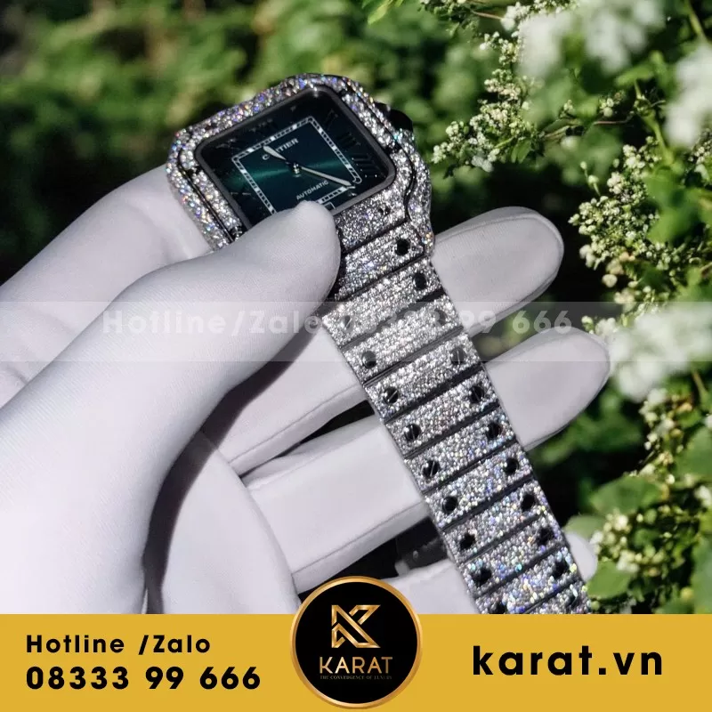 Đồng Hồ Cartier Santos Màu Xanh Lá Cây Chế Tác Đính Kim Cương Moissanite BVF 39.8mm - Ảnh 6