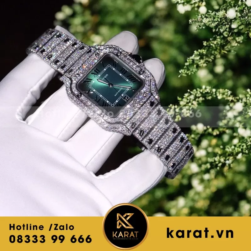 Đồng Hồ Cartier Santos Màu Xanh Lá Cây Chế Tác Đính Kim Cương Moissanite BVF 39.8mm - Ảnh 5