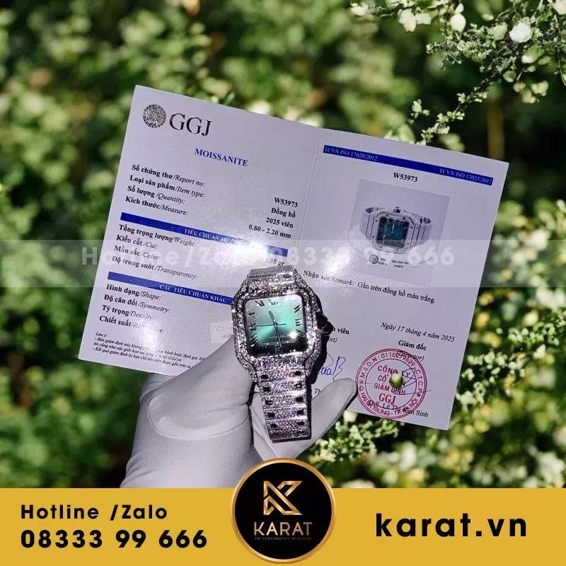 Đồng Hồ Cartier Santos Màu Xanh Lá Cây Chế Tác Đính Kim Cương Moissanite BVF 39.8mm - Ảnh 3