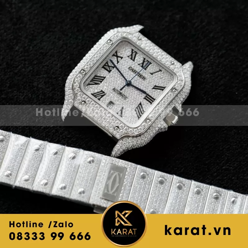 Đồng Hồ Chế Tác Cartier Santos Đính Full Kim Cương Moissanite Hong Kong 35.5 - 39.8mm - Ảnh 8