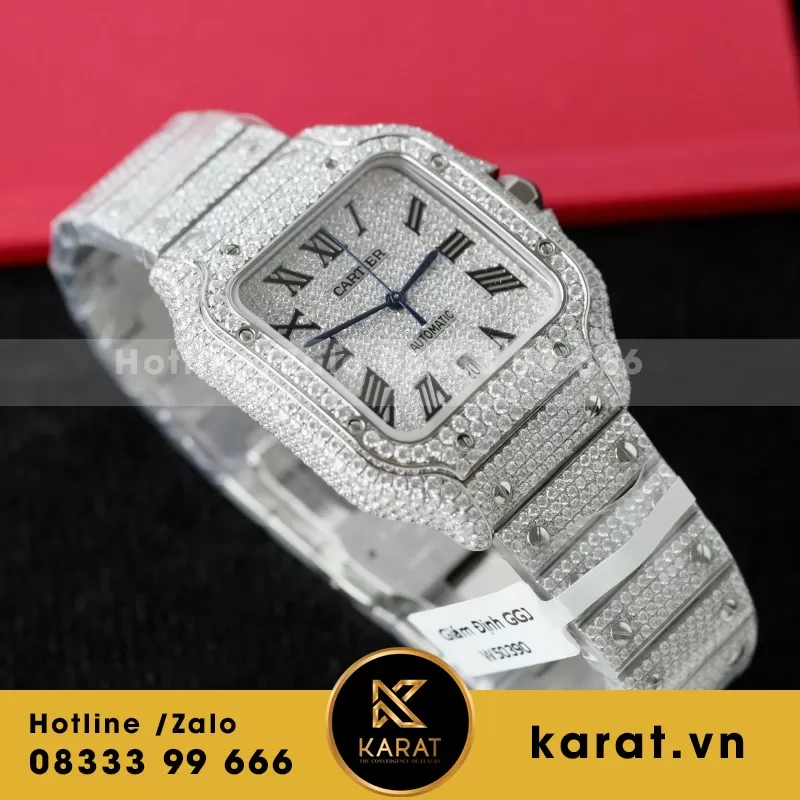 Đồng Hồ Chế Tác Cartier Santos Đính Full Kim Cương Moissanite Hong Kong 35.5 - 39.8mm - Ảnh 7