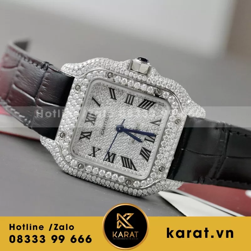 Đồng Hồ Cartier Santos Chế Tác Cọc Số + Vỏ Đính Kim Cương Moissanite 39.8mm - Ảnh 7