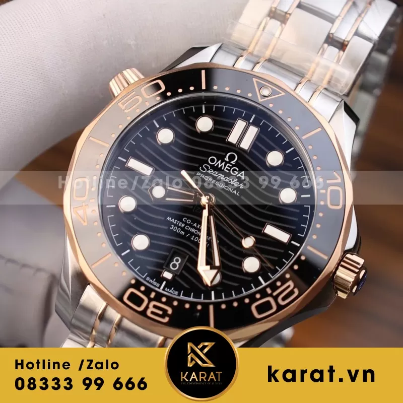 Đồng Hồ Omega Rep 11 Seamaster Diver 300M Chronograph Demi Vàng Hồng Mặt Đen N1 44mm - Ảnh 7