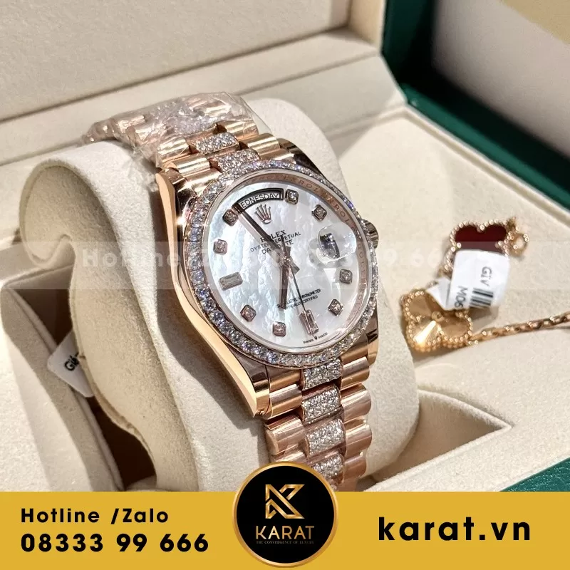 Đồng Hồ Rolex Day-Date Chế Tác Bọc Vàng Đính Kim Cương Moissanite Hong Kong 36mm - Ảnh 4