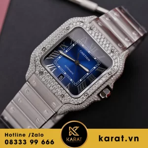 Đồng hồ cartier santos blue dial viền độ moissanitte