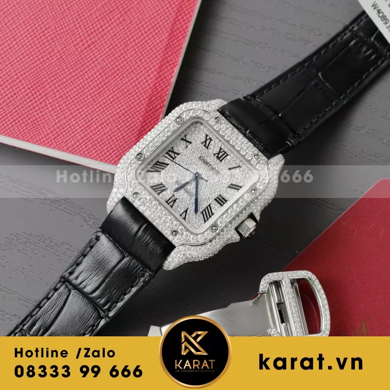 Đồng Hồ Cartier Santos Chế Tác Cọc Số + Vỏ Đính Kim Cương Moissanite 39.8mm