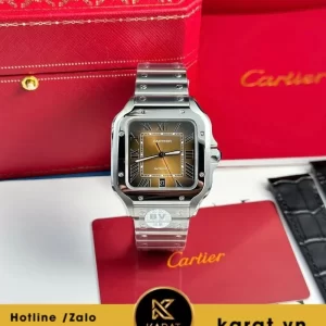 Đồng hồ Cartier Santos de Cartier new 2024 mặt số nâu chải tia sunray