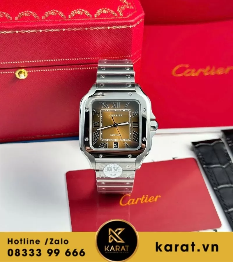 Đồng hồ Cartier Santos de Cartier new 2024 mặt số nâu chải tia sunray