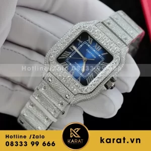 Đồng Hồ Cartier Santos Đính Full Kim Cương Moissanite Mặt Xanh 35.5mm