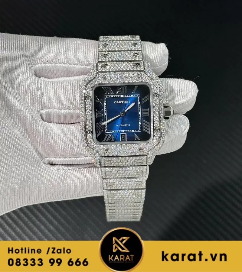 Đồng hồ Cartier Santos mặt xanh dương độ moissanite 39.8mm