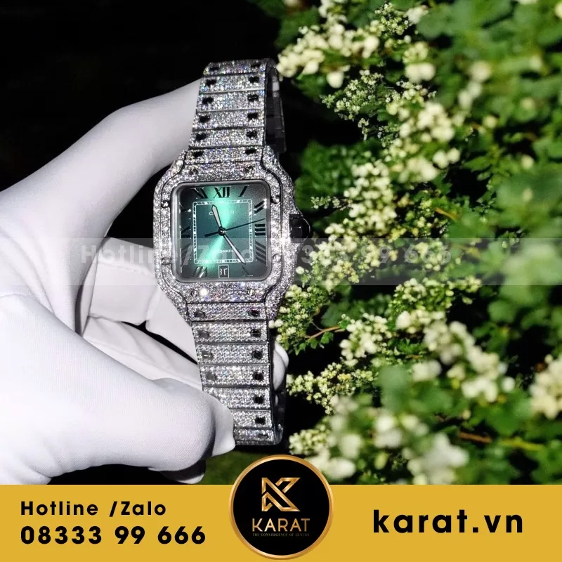 Đồng Hồ Cartier Santos Màu Xanh Lá Cây Chế Tác Đính Kim Cương Moissanite BVF 39.8mm