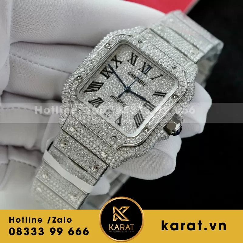 Đồng Hồ Chế Tác Cartier Santos Đính Full Kim Cương Moissanite Hong Kong 35.5 - 39.8mm