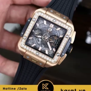 Đồng hồ HUBLOT SQUARE BANG UNICO KING GOLD độ viền moissanite