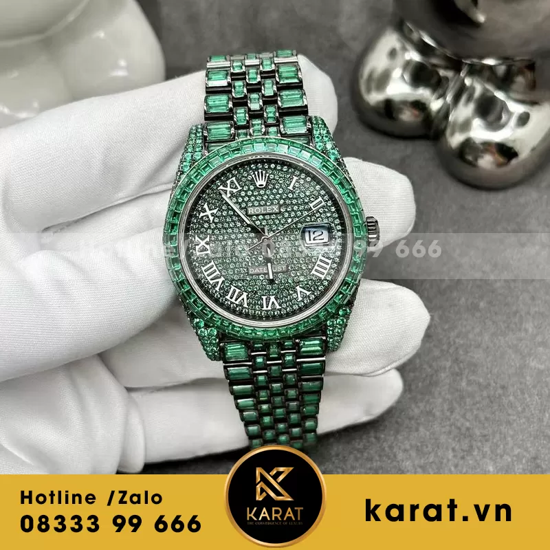 Đồng hồ rolex datejust chế tác nạm đá xanh green
