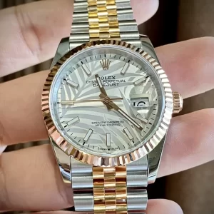 Đồng Hồ Rolex Datejust Replica 1:1 EW Lá Cọ Mặt Ghi Demi Vàng Hồng