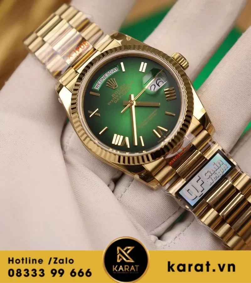 Đồng hồ Rolex Day-Date 36mm vàng hồng mặt xanh green bản nặng 158g QF factory fake