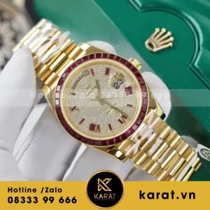 Đồng Hồ Rolex Day-Date Độ Ruby Đỏ + Kim Cương Moissanite Bọc Vàng Thật GMF 40mm