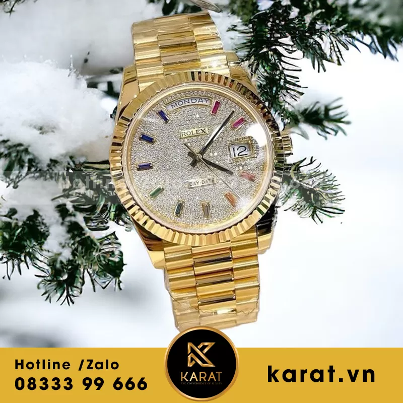 Đồng hồ rolex daydate nặng 167g bọc vàng độ mặt kim moissanite yellow gold
