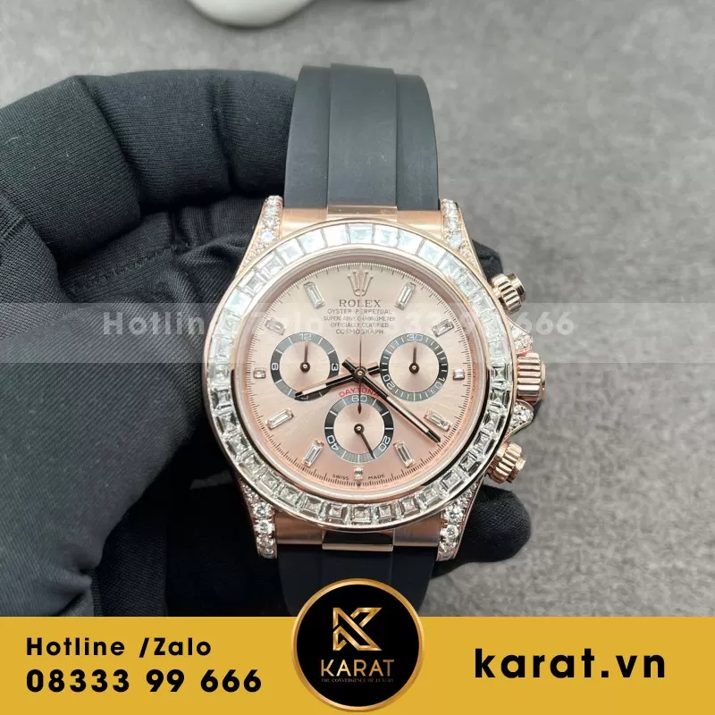 Đồng Hồ Rolex Daytona Mặt Thiên Thạch Chế Tác Bọc Vàng Thật + Đính Kim Cương Baguette 40mm