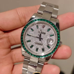 Đồng hồ rolex độ mặt kim cương viền đá xanh nhân tạo