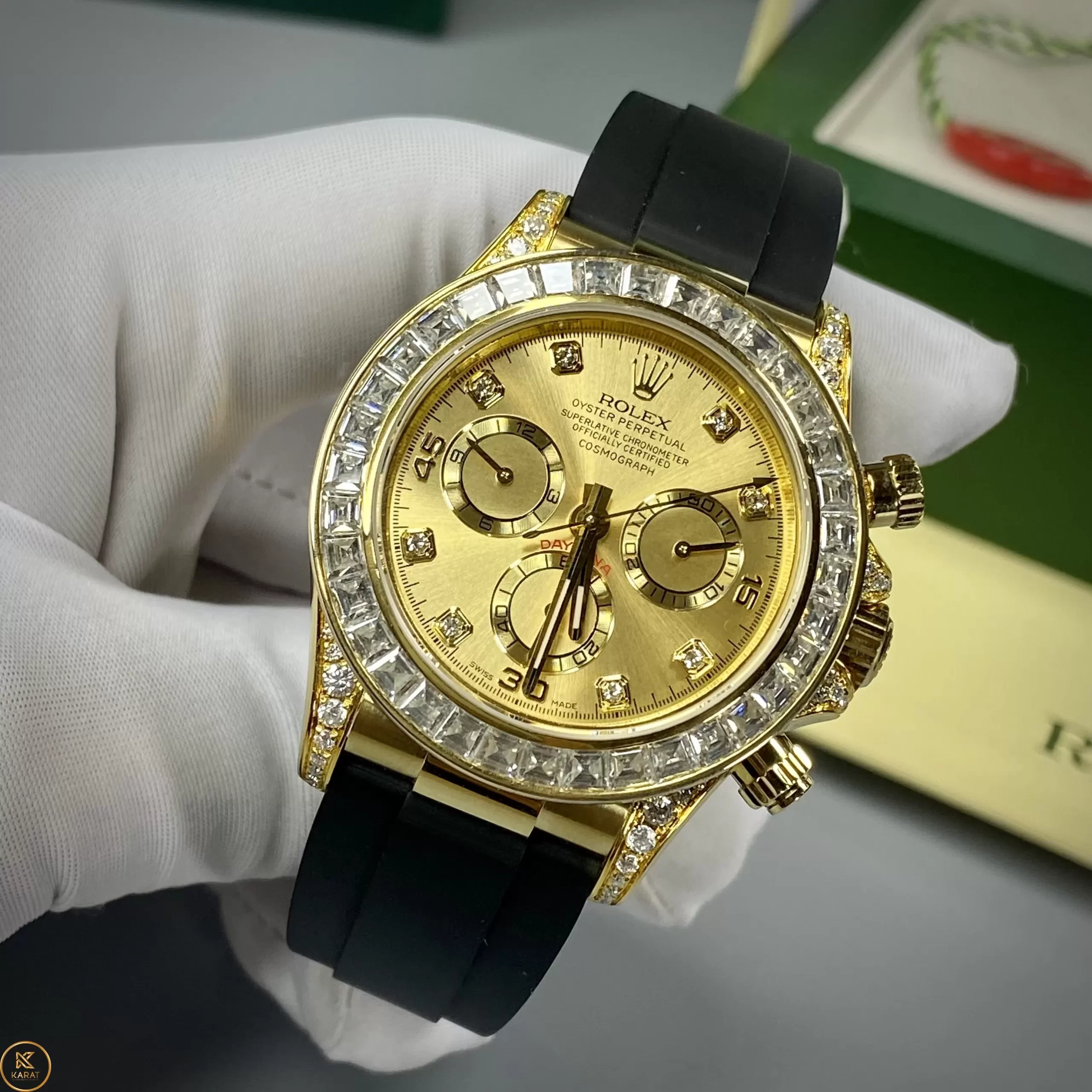 Đồng Hồ Rolex Like Auth 1:1 Cosmograph Daytona 116518LN Mặt Số Vàng Champagne, Vành Kim Cương Baguette
