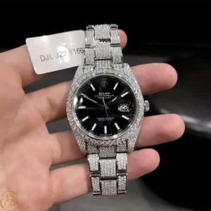 Đồng Hồ Rolex Like Auth Datejust Mặt Số Đen Độ Full Kim Cương Moissanite
