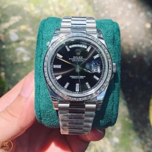 Đồng Hồ Rolex Replica 1:1 Day-Date 40 228349RBR Mặt Số Đen Nạm Kim Cương