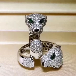 Nhẫn Cartier đầu báo vàng trắng 18k full kim