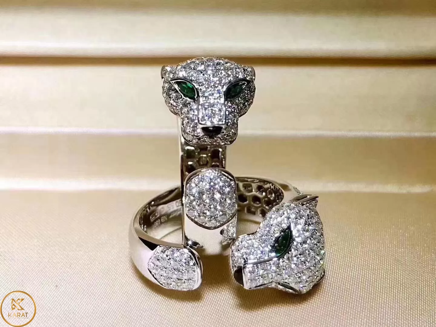 Nhẫn Cartier đầu báo vàng trắng 18k full kim