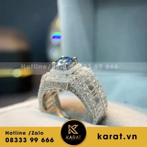 Nhẫn Nam Vàng Trắng 10K Viên Chủ Moissanite Xanh
