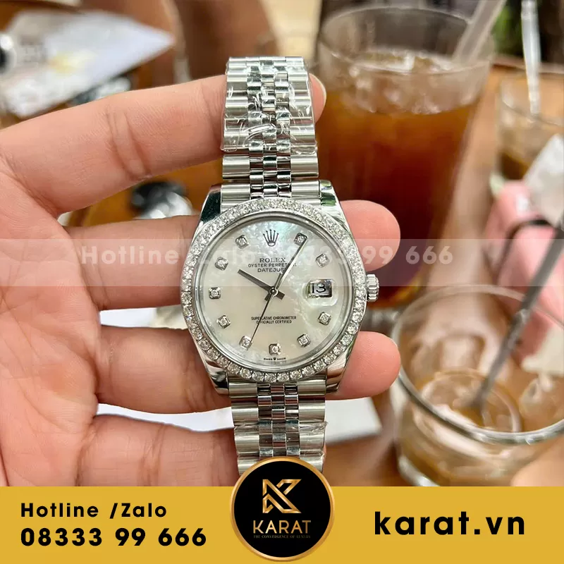 Rolex datejust độ mặt MOP viền moissanite 41mm